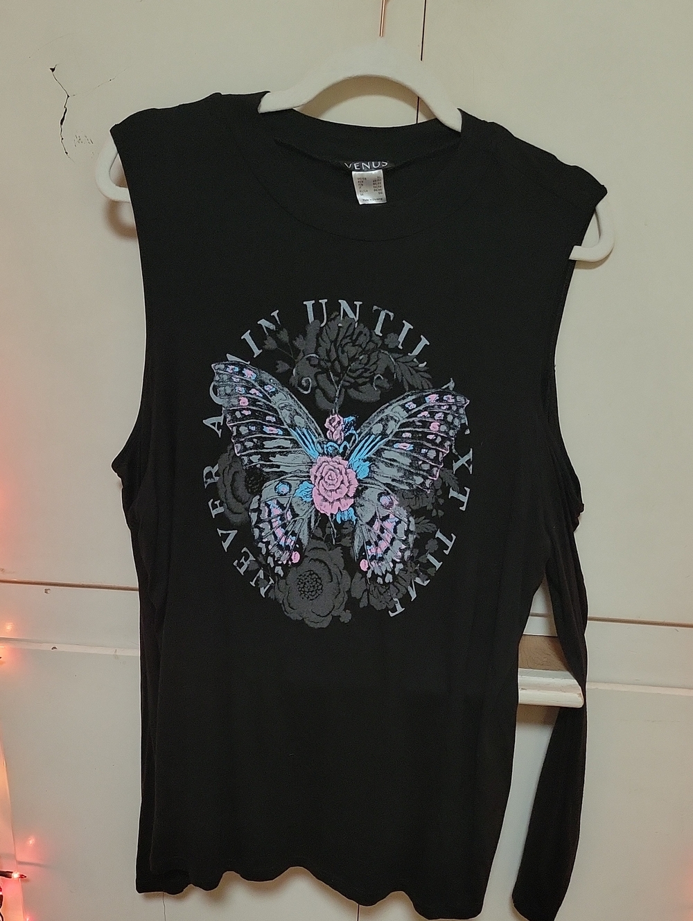 VENUS Black Muscle Tee with Pink & Blue Butterfly Graphic